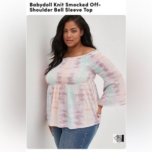 Babydoll Knit Smocked Off-Shoulder Bell Sleeve Top